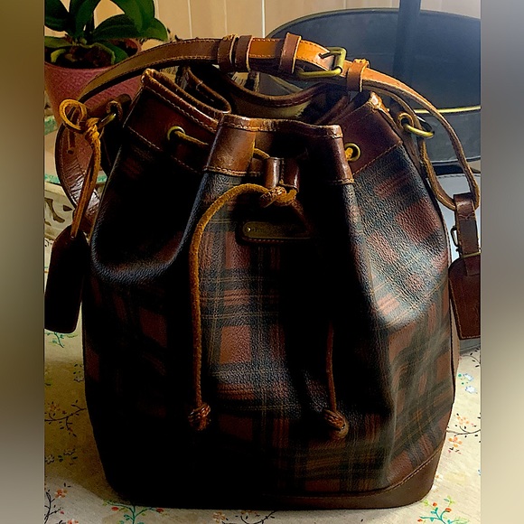 RALPH LAUREN Tartan Plaid Large Leather Drawstring Bucket Shoulder Bag VINTAGE - Picture 1 of 16
